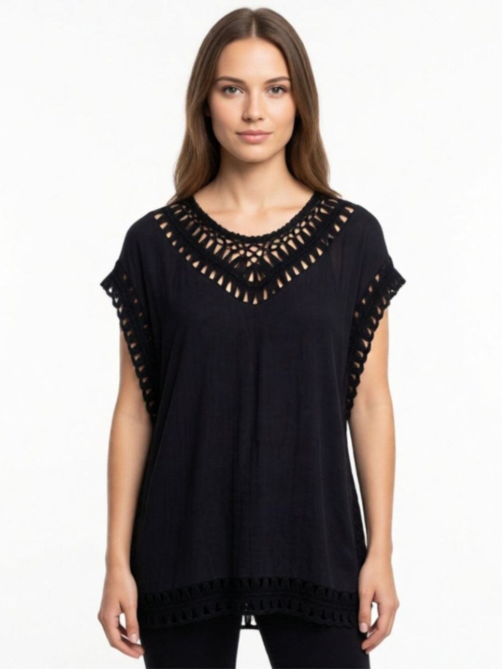 Black Crochet Macramé Trim Tunic L/XL V-Neck Beach Cover-Up Boho Whimsigoth